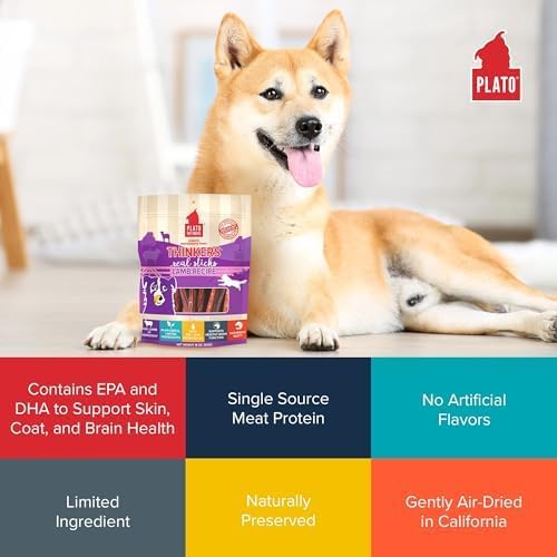 PLATO Pet Treats Thinkers - Meat Stick Treats for Dogs - Limited Ingredient Dog Treats with EPA and DHA to Support Skin, Coat, and Brain - Air-Dried Dog Treats - Thinkers Lamb 10oz - 2 Pack