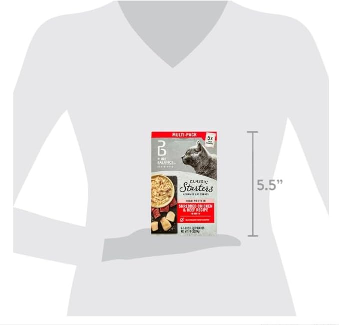 Pure Balance Classic Starters Gourmet Cat Treats, Shredded Chicken & Beef in Broth, High Protein, Soft Treats ~ 5 Pouches of 1.4 Oz ~ Inside, Wet Cat Treat Adult Cats ~ (2 Box).