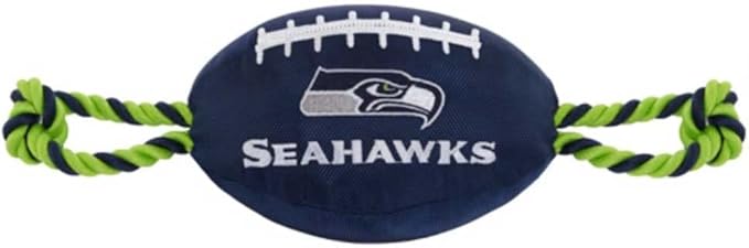 Pets First NFL Seattle Seahawks Football Dog Toy, Tough Quality Nylon Materials, Strong Pull Ropes, Inner Squeaker, NFL Team Color