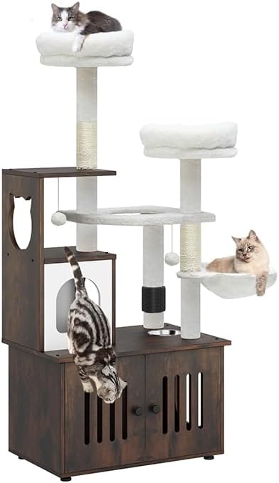 YITAHOME Cat Tree with Litter Box Enclosure, 2-in-1 Cat Furniture, Modern Cat Condo with Cat House, Perch, Food Station, Hammocks, Scratch Post, Hair Brush, 59 Inch, Rustic Brown