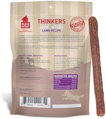 PLATO Pet Treats Thinkers - Meat Stick Treats for Dogs - Limited Ingredient Dog Treats with EPA and DHA to Support Skin, Coat, and Brain - Air-Dried Dog Treats - Thinkers Lamb 10oz - 2 Pack