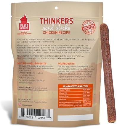 PLATO Pet Treats Thinkers - Meat Stick Treats for Dogs - Limited Ingredient Dog Treats with EPA and DHA to Support Skin, Coat, and Brain - Air-Dried Dog Treats - Thinkers Chicken 18oz - 2 Pack