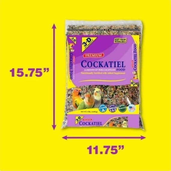 3-D Pet Products Premium Cockatiel Mix Bird Food Seeds, with Probiotics ~ 9 Lb Bag ~ 1 Pack.