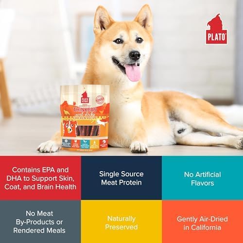 PLATO Pet Treats Thinkers - Meat Stick Treats for Dogs - Limited Ingredient Dog Treats with EPA and DHA to Support Skin, Coat, and Brain - Air-Dried Dog Treats - Thinkers Chicken 18oz - 2 Pack