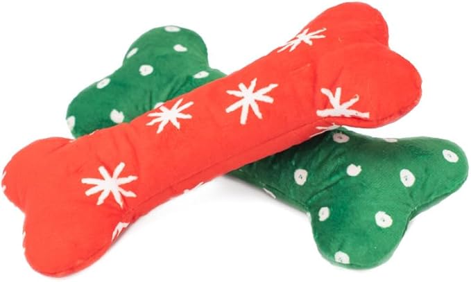 ZippyPaws - Holiday Patterned Bones - Soft Squeaker Plush Dog Bone Toy - Large, 2 Pack