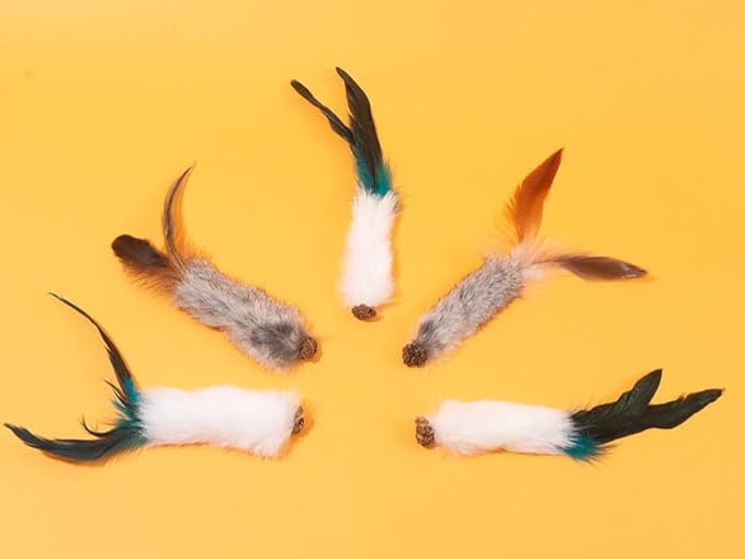 Cat Chew Toys 3-Pack, Feather Tail Plush Stick with Gallnut, Solo Play Toys for Cats, Interactive Self-Play for Biting and Hunting Instincts (Grey)