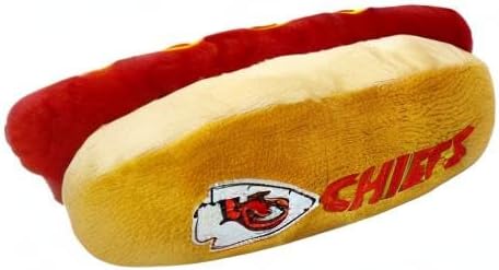 Pets First NFL Kansas City Chiefs HOT Dog Plush Dog & CAT Squeak Toy - Cutest HOT-Dog Snack Plush Toy for Dogs & Cats with Inner Squeaker & Beautiful Football Team Name/Logo 8 x 5 x 3 Inches