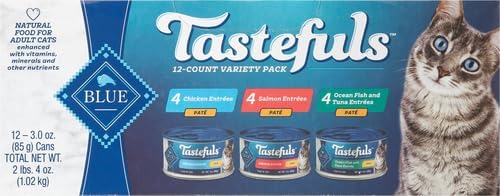 Blue Buffalo Tastefuls Natural Pate Wet Cat Food Variety Pack, Salmon, Chicken,Ocean Fish & Tuna Entrées 3-oz Cans (4 of Each Flavor), (Pack of 24)