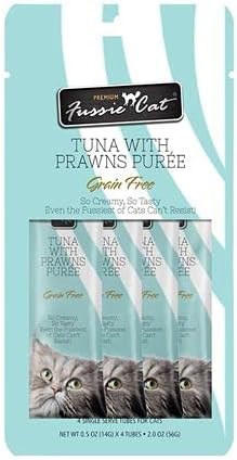 Fussie Cat Puree Grain Free Treat in 3 Flavors: (1) Tuna with Prawns, (1) Chicken with Duck and (1) Chicken (3 Four-Tube Packs, 12 Tubes Total, .5 Ounce per Tube) Plus Silicone Lid