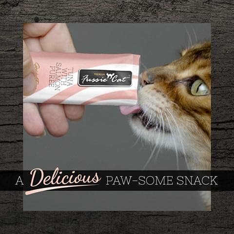 Fussie Cat Puree Grain Free Treat in 6 Flavors: Tuna/Prawns, Chicken/Duck, Chicken, Tuna/Salmon, Tuna/Ocean Fish, and Tuna/Shrimp (6 Four-Tube Packs, 24 Tubes Total, 0.5 Ounce/Tube) Plus Silicone Lid