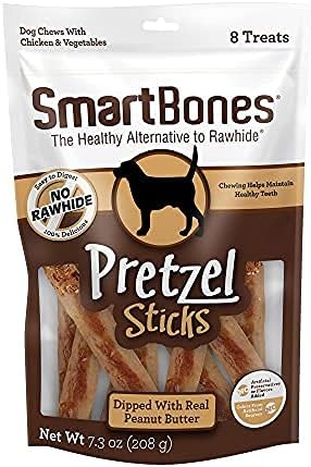 SmartBones Pretzel Sticks Dipped with Real Peanut Butter Dog Chews, 7.3 oz., Count of 8 (Pack of 6)