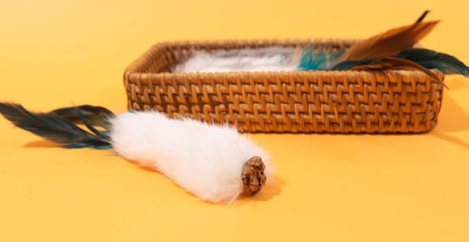 Cat Chew Toys 3-Pack, Feather Tail Plush Stick with Gallnut, Solo Play Toys for Cats, Interactive Self-Play for Biting and Hunting Instincts (White)