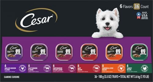 Cesar Wet Dog Food Classic Loaf in Sauce Grilled Chicken, Filet Mignon, Porterhouse Steak, Beef, Chicken & Liver and Turkey Variety Pack 3.5 oz. Easy Peel Trays (36 Count, Pack of 1)