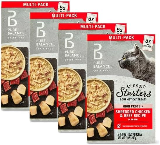 Pure Balance Classic Starters Gourmet Cat Treats, Shredded Chicken & Beef in Broth, High Protein, Soft Treats - 5 Pouches of 1.4 Oz Inside, Wet Cat Treat Adult Cats - (4 Box).