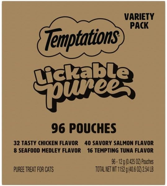 Temptations Creamy Puree Squeezable Lickable Wet Cat Treat Variety Pack, 0.42 oz. Tubes, 96 Count