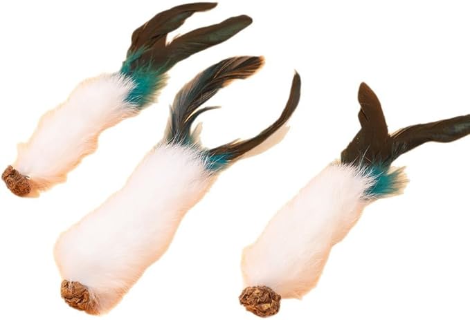 Cat Chew Toys 3-Pack, Feather Tail Plush Stick with Gallnut, Solo Play Toys for Cats, Interactive Self-Play for Biting and Hunting Instincts (White)