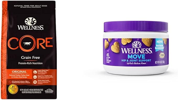 Wellness Food + Supplements Bundle: CORE Natural Grain Free Dry Dog Food, Turkey & Chicken, 4-Pound Bag Hip & Joint Health Soft Chew Dog Supplements, Grilled Chicken Flavored, 45 Count