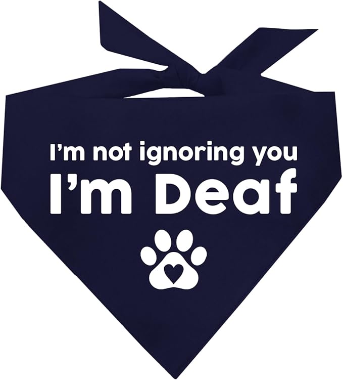 I'm Not Ignoring You I'm Deaf Dog Bandana | 100% Adjustable Cotton Triangle | Made in USA | Deaf | Impaired | Hearing Loss Accessory | Warning (Navy, XS 351)