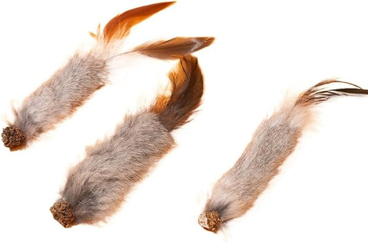 Cat Chew Toys 3-Pack, Feather Tail Plush Stick with Gallnut, Solo Play Toys for Cats, Interactive Self-Play for Biting and Hunting Instincts (Grey)