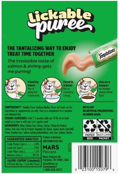 Temptations Creamy Puree Squeezable Lickable Cat Treats, Wet Cat Treats with Salmon and Shrimp, 0.42 oz. Tubes, 4 Count, Pack of 11 (44 Total)