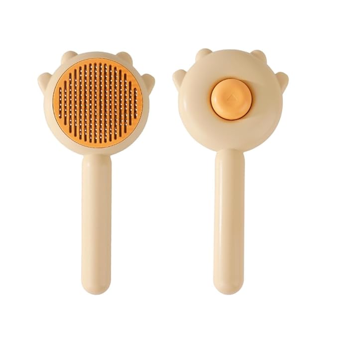 Cute Cat Ear Pet Brush – Self Cleaning Grooming Tool for Cats & Dogs – Light Yellow