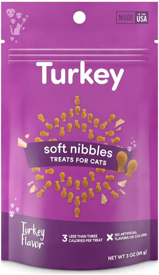 Savory & Tasty Soft Cat Treats Turkey - Grain Free, Low Calorie Chewy Nibbles, Made in USA, Real Turkey #1 Ingredient, Under 3 Calories Per Treat, Natural Training Snack for Indoor Cats | (3oz)