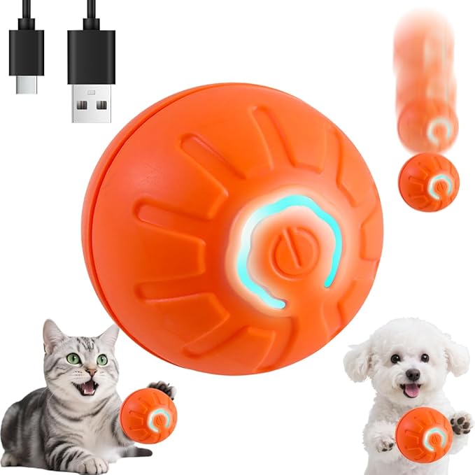 BIONEMAGILI Interactive Self-Moving Pet Toy Ball - Motion-Activated Auto Rolling, Military-Grade Chew Resistant, USB-C Rechargeable for Small Dogs & Cats (Orange, Small Sizes)