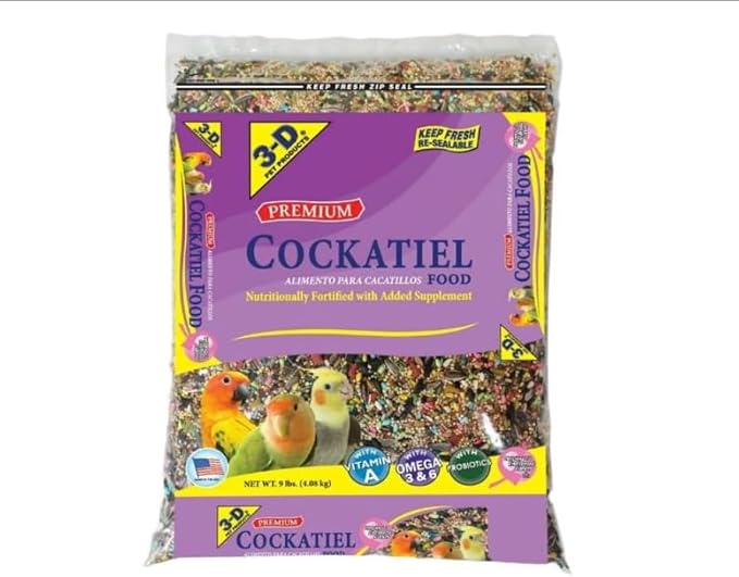 3~D Pet Products Premium Cockatiel Mix Bird Food Seeds, with Probiotics ~ 9 Lb Bag ~ 1 Pack.