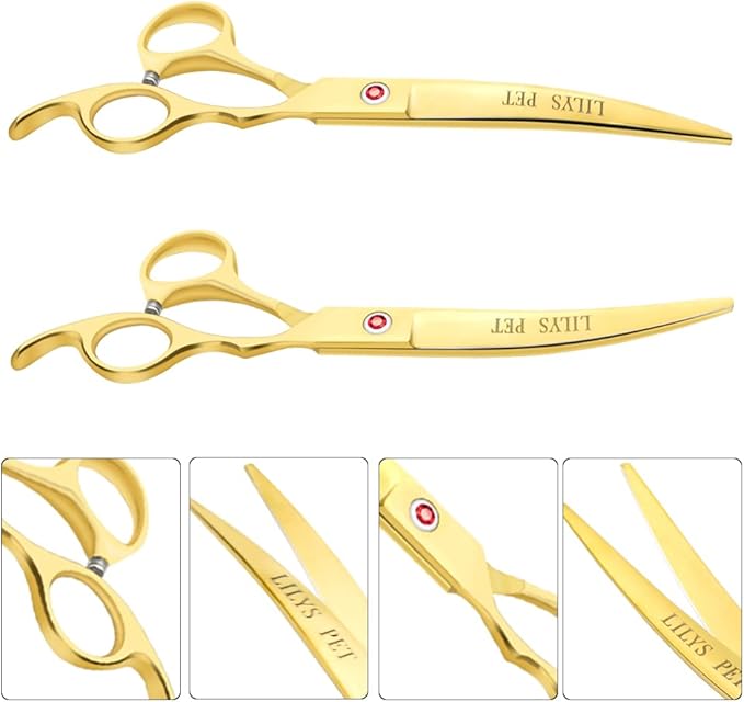 Professional PET DOG Grooming Coated Titanium scissors suit Cutting&Curved&Thinning shears (7.0 inches, Gold)…