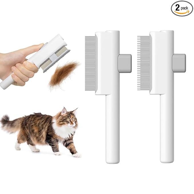 Marchul 2Pcs Pet Comb Flea Comb Set for Cats Dogs, Cat Grooming Brush with Release Button and Stainless Steel Round Teeth, Self-Cleaning Dog Combs for Removing Pet Hair, Knots & Loose Fur, White