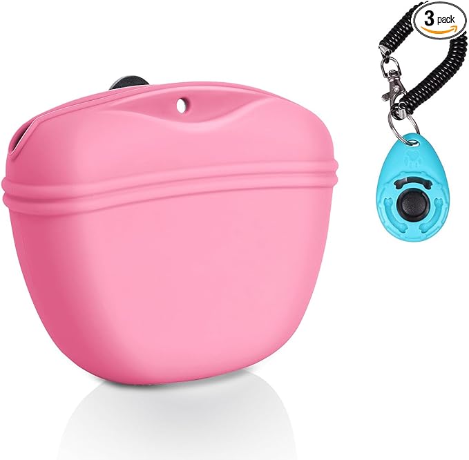 Left&Right Dog Clicker Training Kit,Silicone Dog Training Treat Pouch and Dog Clickers,Dog Treat Bag with Clicker Training for Dogs,Pet Treat Bag with Magnetic Buckle Closing and Waist Clip,Pink