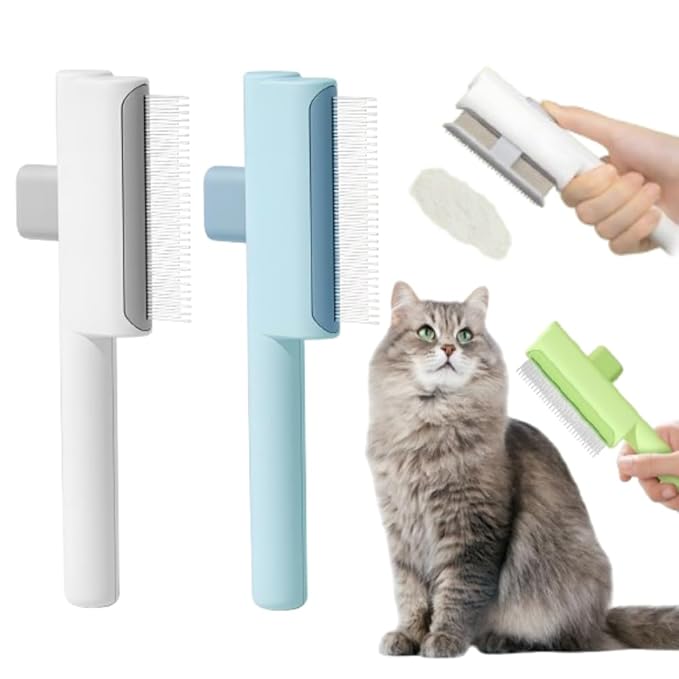 Pet Hair Removal Comb Flea Comb, 2025 Upgrade Cat Grooming Brush, Cat Brush with Release Button, De-Shedding Hair, Dog Grooming Supplies, Fine-Tooth Massage (White+Blue)