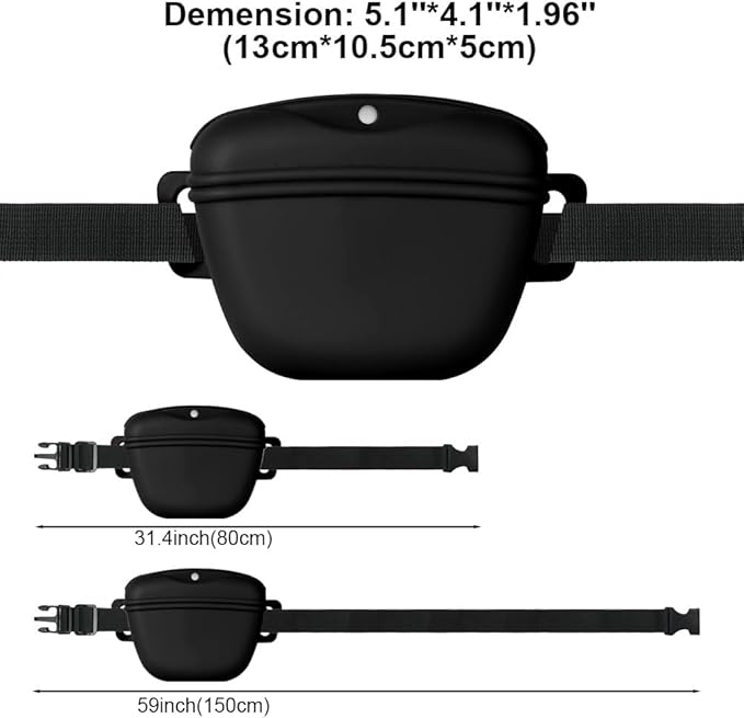 AOMIG Dog Treat Pouch with Training Clicker, 1.67 Cup Silicone Dog Treat Bag with Stronger Magnetic Closure, Portable Pouches for Pet Training Walking Premium Fanny Pack with Waist Belt(Black)