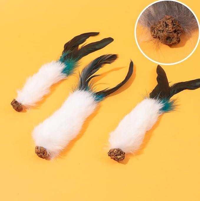 Cat Chew Toys 3-Pack, Feather Tail Plush Stick with Gallnut, Solo Play Toys for Cats, Interactive Self-Play for Biting and Hunting Instincts (Grey)