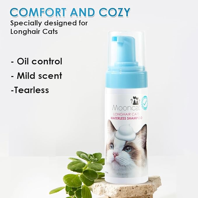 Mooncat Waterless Cat Shampoo for Longhair Cats | Licking Safe No-Rinse Dry Foam to Soften Mats & Smooth Fur | Gentle Formula for Kittens & Sensitive Skin, pH Balanced - 5oz