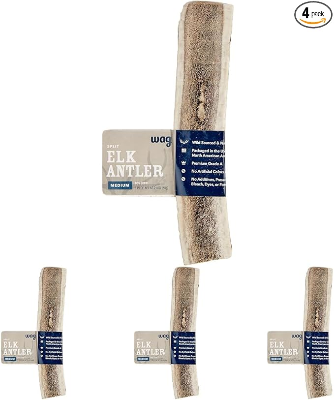 WAG Split Elk Antler, Medium, for Dogs | Naturally Shed | 15-30 lbs | Pack of 4