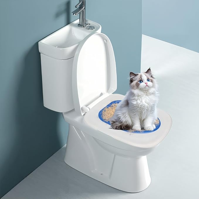 Cat Toilet Training Kit – Litter Box Alternative with Tray, Reusable Potty Seat Adapter for Cats & Kittens, Hygienic Flushable Urinal, Includes Step by Step Trainer Seat(Blue)