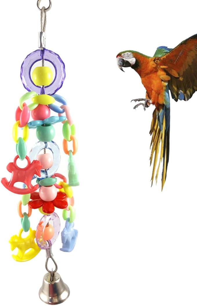 Happyyami Parrot Bite with Acrylic Beads and Bell, Colorful Hanging Bird for Cage, Chew and Beak Exercise Accessory for Parrots and Small Birds Random Color