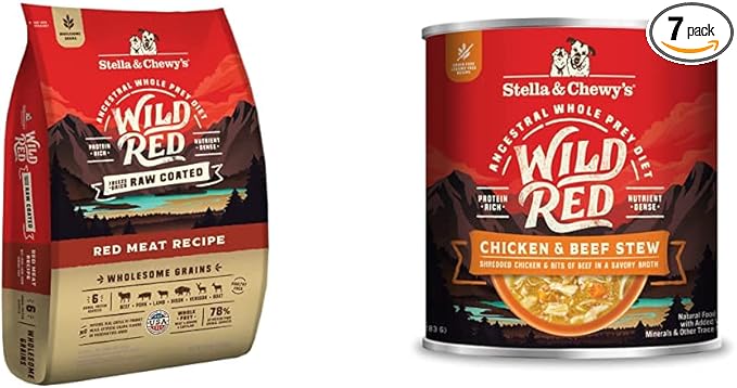 Stella & Chewy's Wild Red Raw Coated Kibble Dry Dog Food Wholesome Grains Red Meat Recipe, 21lb Bag + Wild Red Chicken & Beef Stew Wet Dog Food, 10oz Cans (Pack of 6)