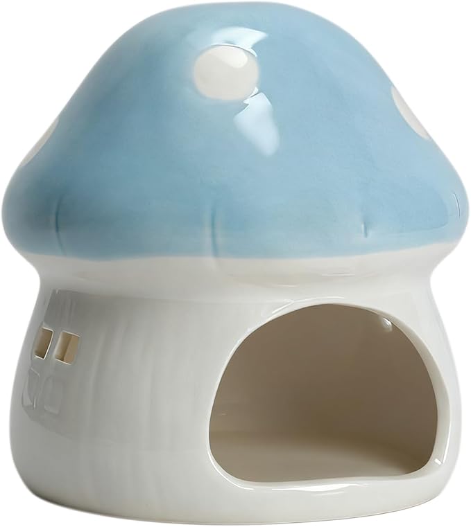 AnRui Ceramic Mushroom Aquarium Decor Cute Mini House Betta Fish Tank Accessories Decoration Hideaway Hideout Cave Ornament for Small Fish, Shrimp, Goldfish and Reptiles (Blue, Large)