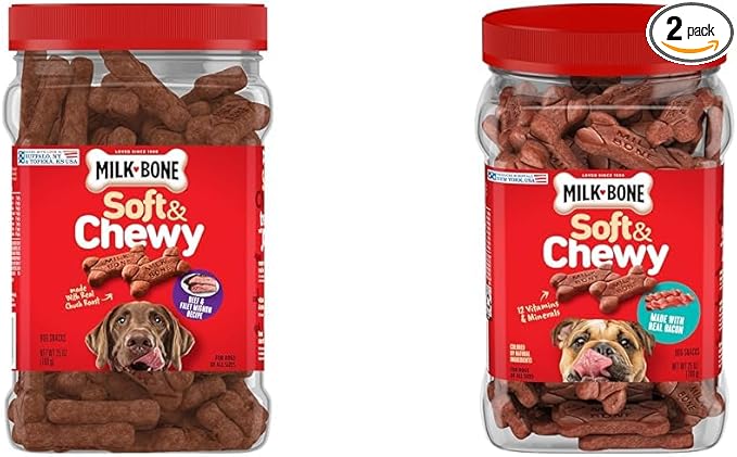 Milk-Bone Soft & Chewy Dog Treats Bundle: Beef & Filet Mignon Recipe 25 Ounce + Real Bacon 25 Ounce