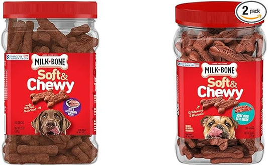 Milk-Bone Soft & Chewy Dog Treats Bundle: Beef & Filet Mignon Recipe 25 Ounce + Real Bacon 25 Ounce