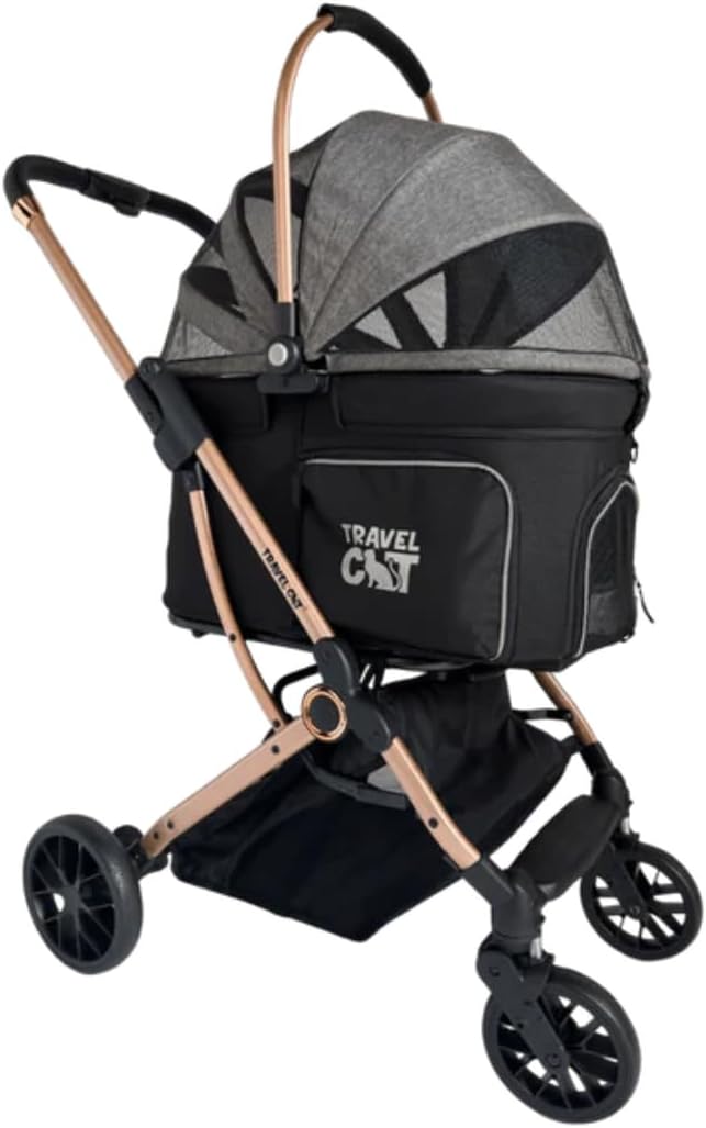 Travel Cat “Whisker Wagon” Deluxe Cat Stroller – Waterproof Bed and Tray, Detachable Bassinet Car Seat Carrier, Shock-Absorbing 360° Wheels, Foldable Travel System for Cats