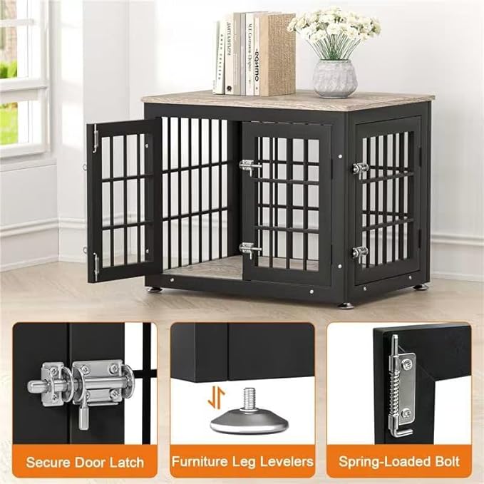 rehomerance 26 Inch Heavy Duty Dog Crate Furniture for Small Dogs, Decorative Pet House End Table, Wooden Cage Kennel Furniture Indoor with Double Doors, Grey