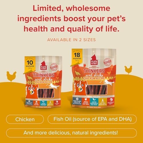 PLATO Pet Treats Thinkers - Meat Stick Treats for Dogs - Limited Ingredient Dog Treats with EPA and DHA to Support Skin, Coat, and Brain - Air-Dried Dog Treats - Thinkers Chicken 18oz - 2 Pack