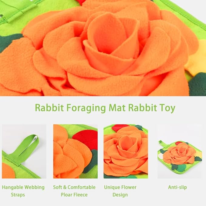 Rabbit Foraging Mat Snuffle Mat for Small Animals Rabbit Toy 11.8"x11.8" Rabbits Snuffle Mat Pets Interactive Feeding Matt Treat Dispenser for Bunny Guinea Pigs Ferrets Chinchillas Orange
