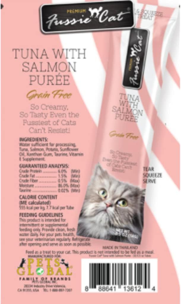 Fussie Cat Puree Grain Free Treat in 3 Flavor Bundle: 1 Tuna with Salmon, 1 Tuna with Ocean Fish & 1 Tuna with Shrimp (3 Four-Tube Packs, 12 Tubes Total, 0.5 Oz per Tube) + Shaynanigans Silicone Lid