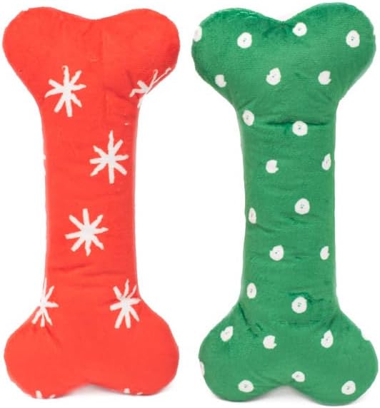 ZippyPaws - Holiday Patterned Bones - Soft Squeaker Plush Dog Bone Toy - Large, 2 Pack