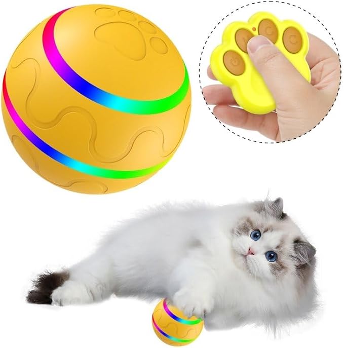 Interactive Pet Ball Toy with Remote Paw Controller, Yellow, Electronic Dog/Cat Entertainment, Self-Rolling, USB Rechargeable, LED Light-Up Pet Toy for Dogs & Puppies.