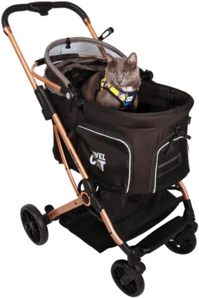 Travel Cat “Whisker Wagon” Deluxe Cat Stroller – Waterproof Bed and Tray, Detachable Bassinet Car Seat Carrier, Shock-Absorbing 360° Wheels, Foldable Travel System for Cats